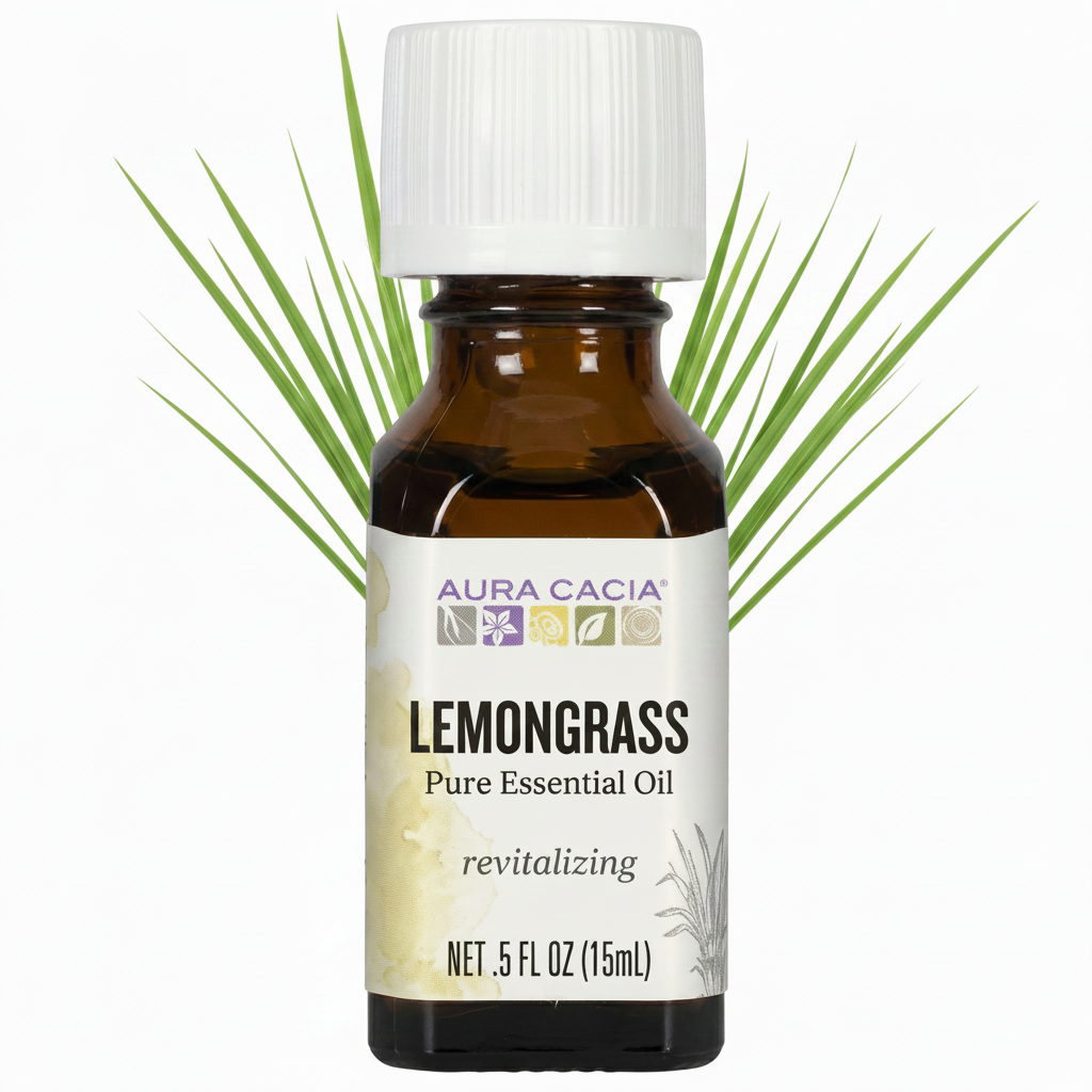 Aura Cacia Lemongrass essential oil with lemongrass in the backgrond