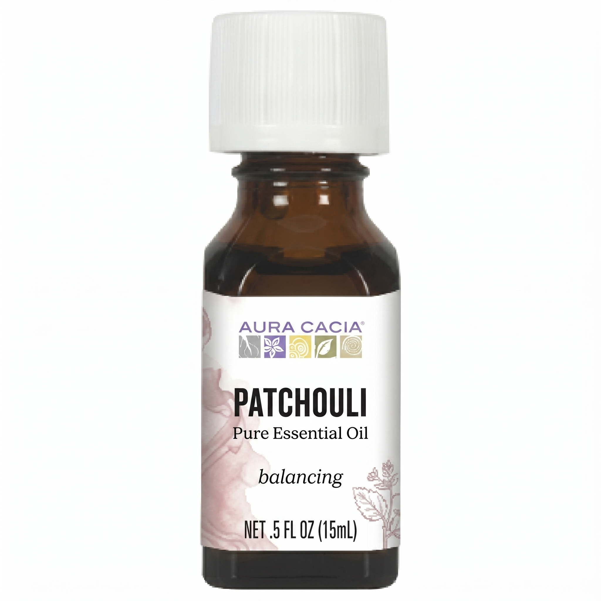 Bottle of Aura Cacia essential oil on a white background