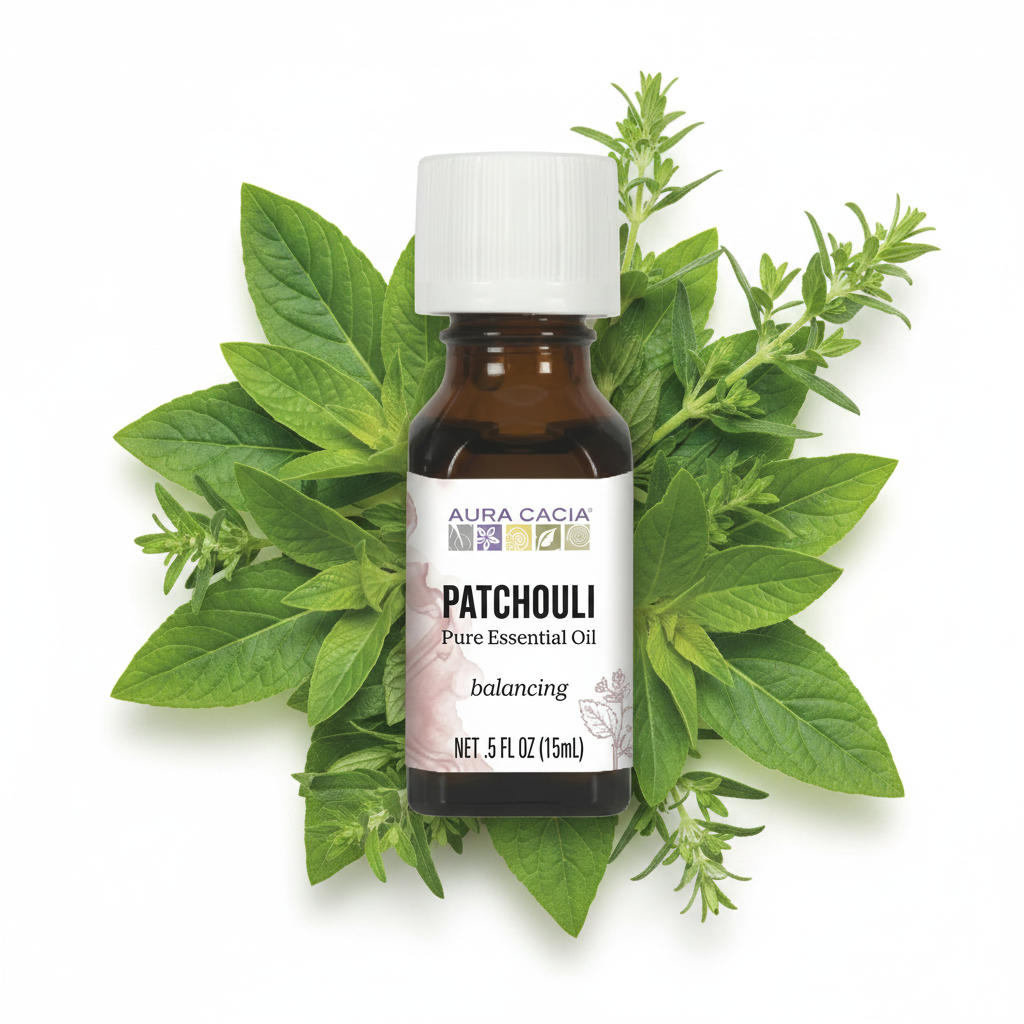 Bottle of Aura Cacia essential oil with patchouli in the background