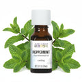 Aura Cacia peppermint essential oil bottle on white background