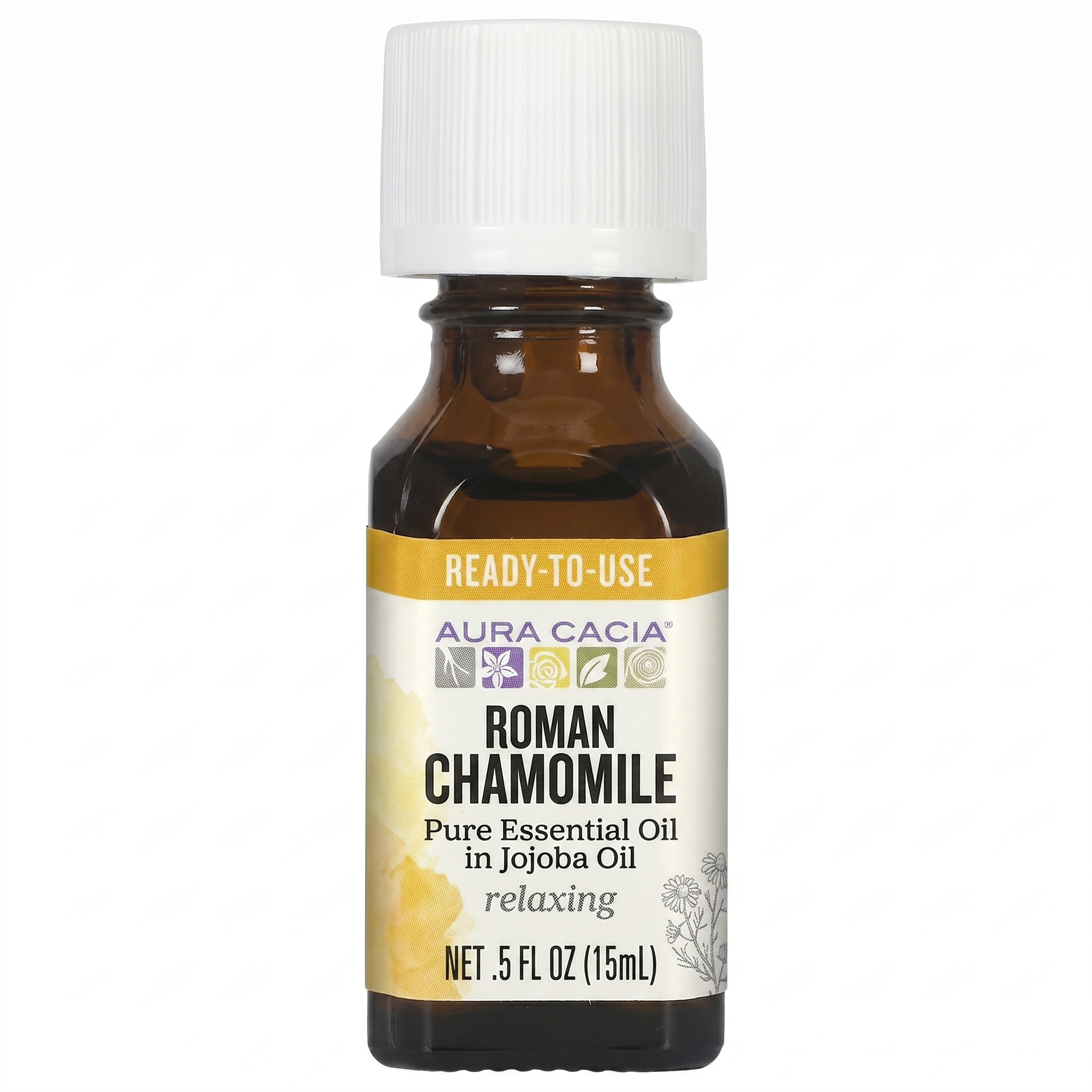 Aura Cacia Roman Chamomile in Jojoba Oil on white background