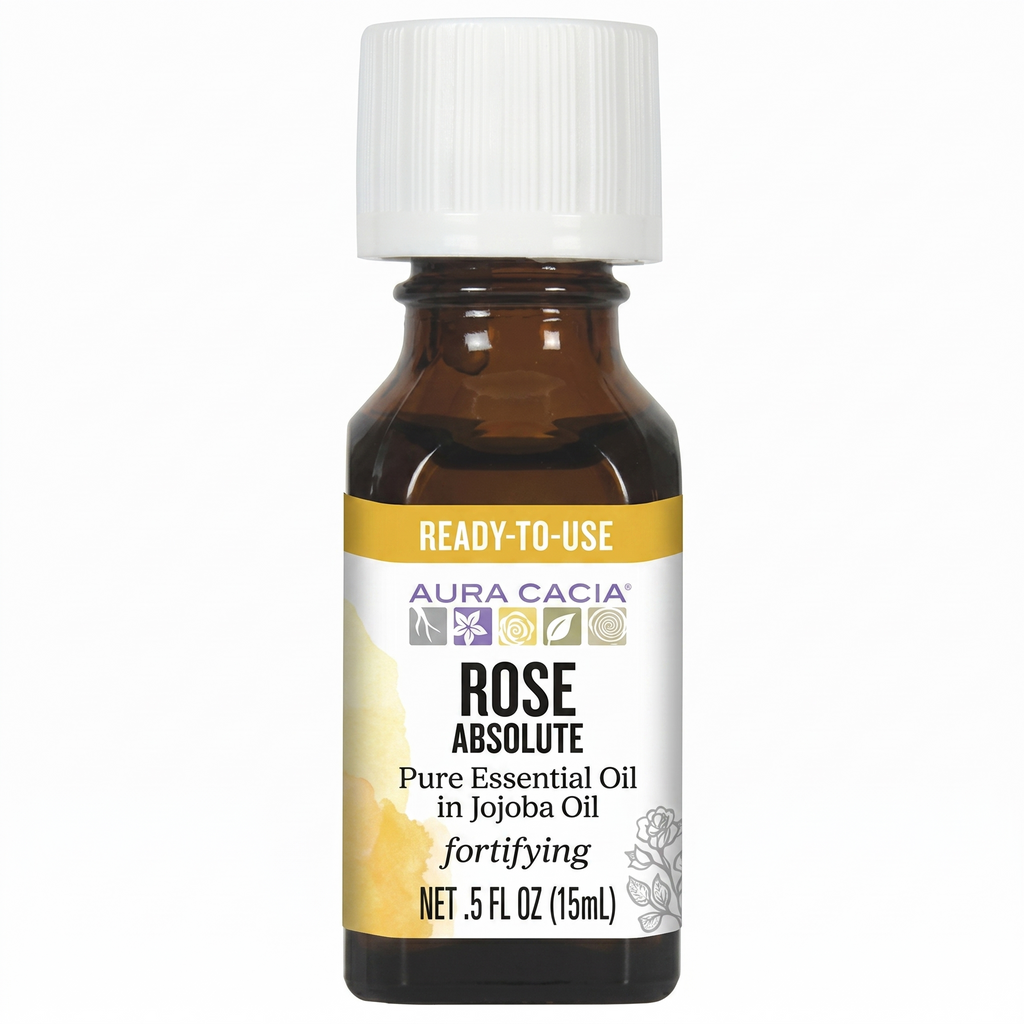 Aura Cacia Rose Absolute essential oil on white background