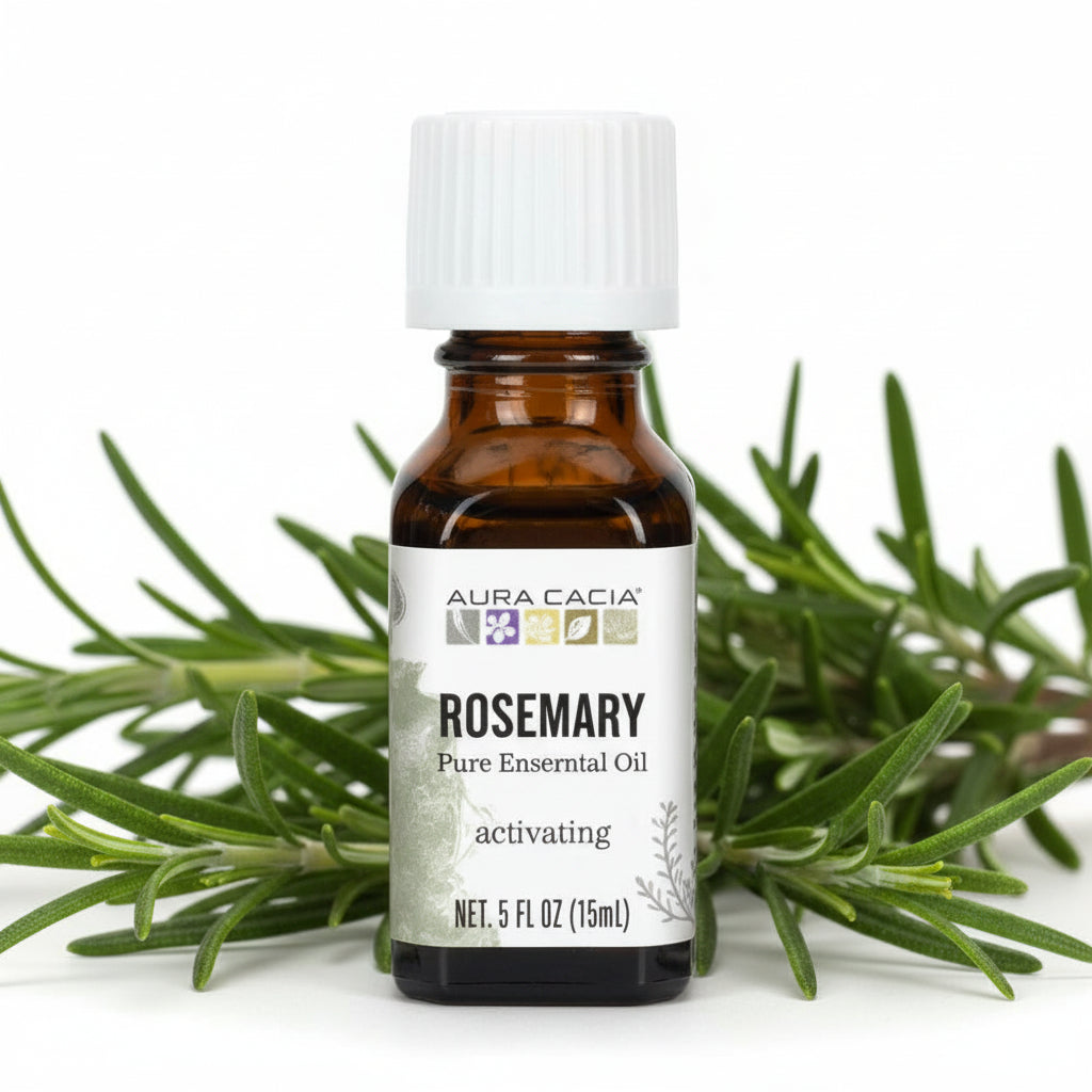 Aura Cacia Rosemary essential oil bottle on white background