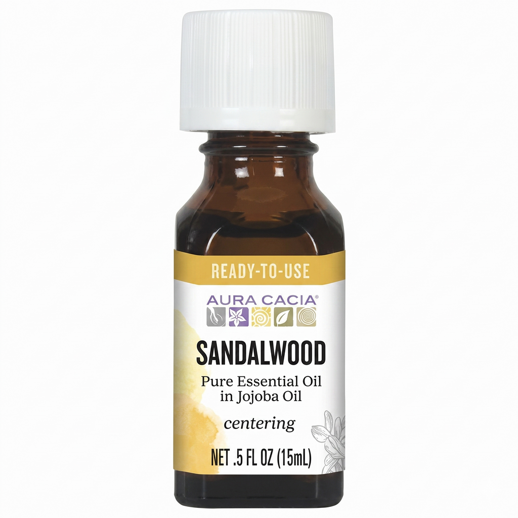 Aura Cacia Sandalwood Essential Oil in Jojoba Oil on a white background
