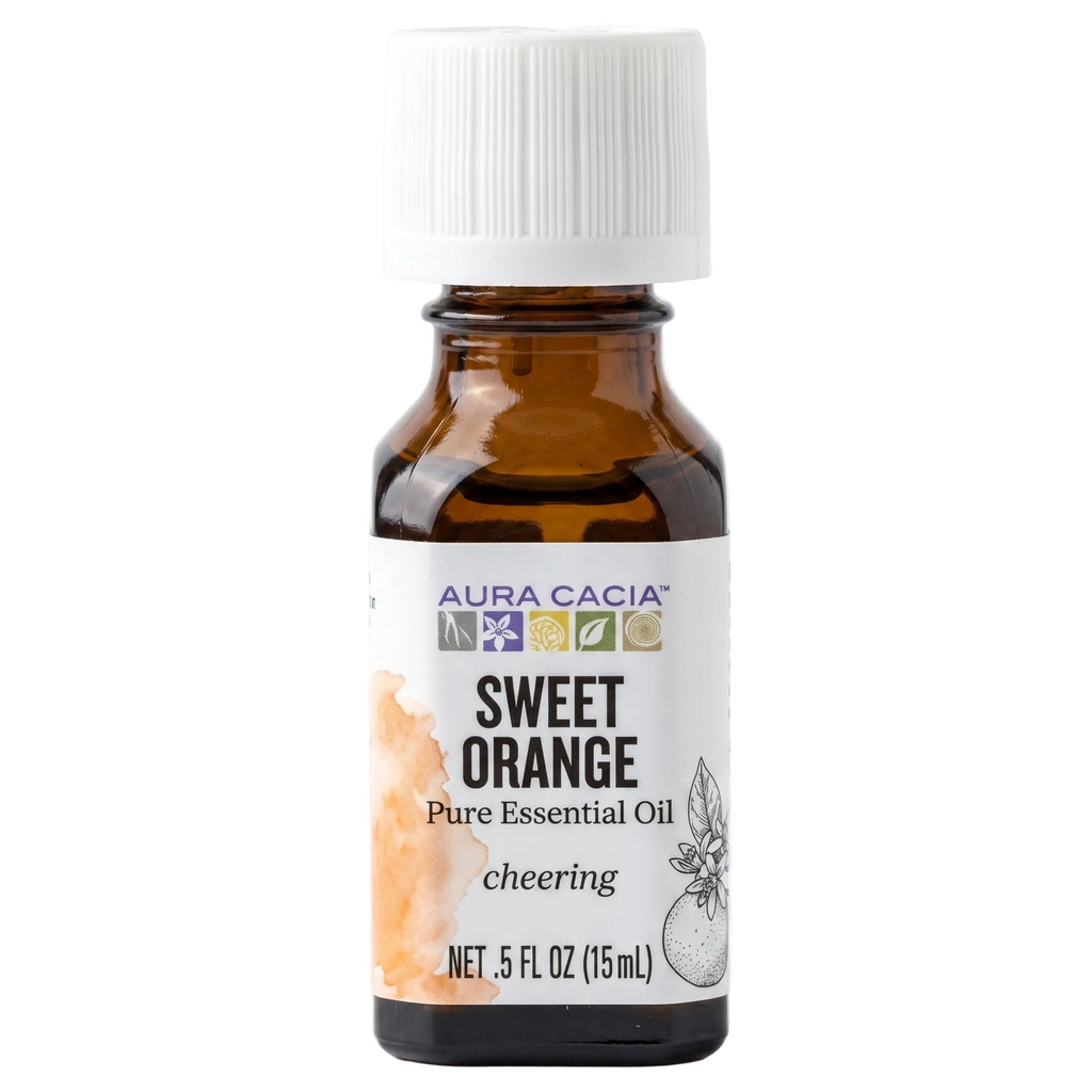 Aura Cacia Sweet Orange Essential Oil on white background