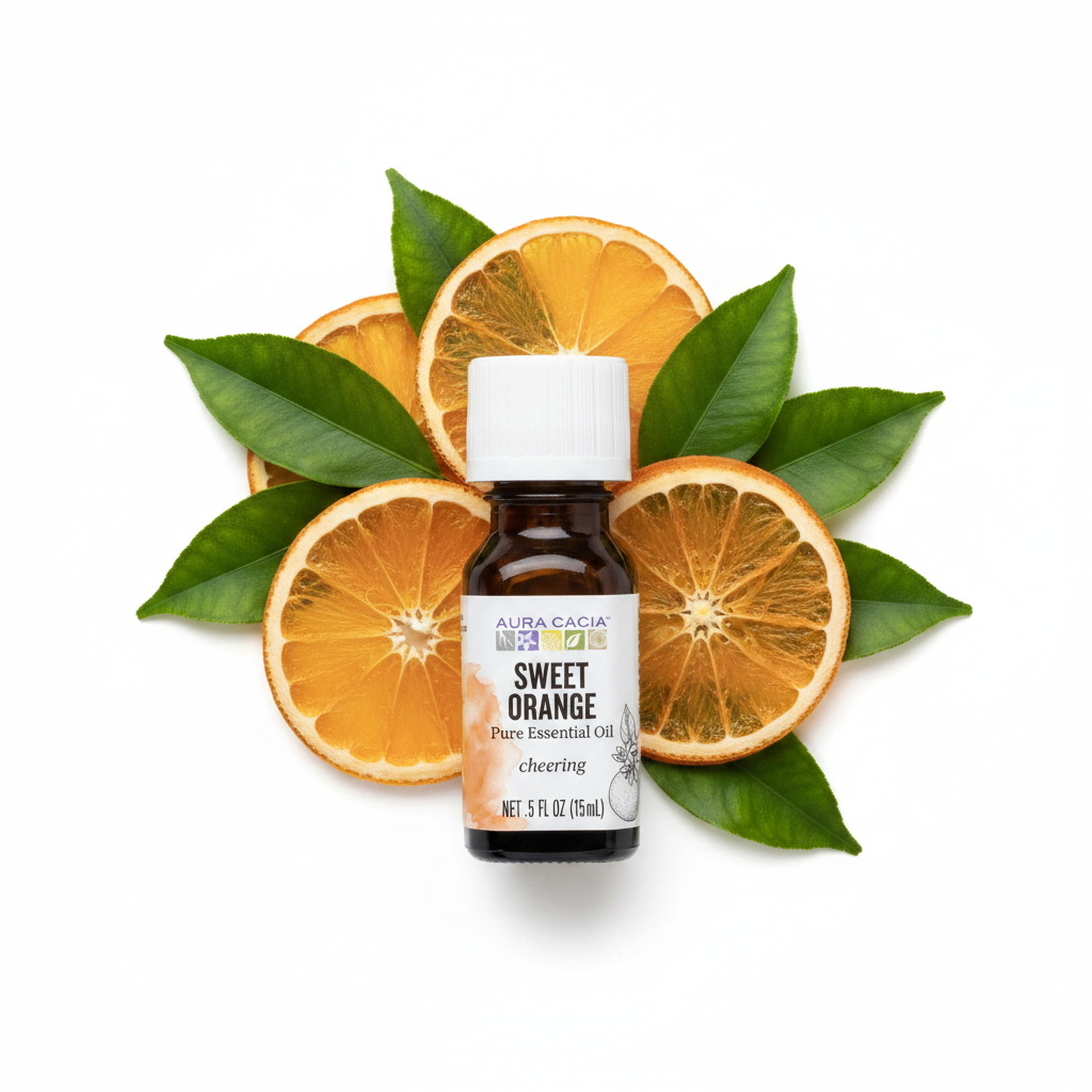Aura Cacia Sweet Orange Essential Oil with oranges behind bottle