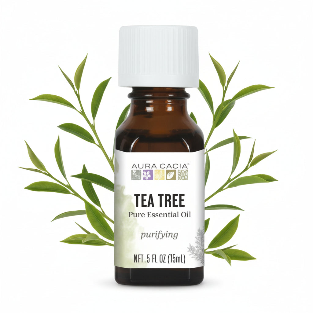 Aura Cacia Tea Tree essential bottle on white background
