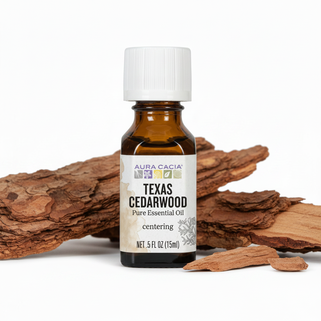 Aura Cacia Texas Cedarwood essential oil with cedarwood bark behind bottle