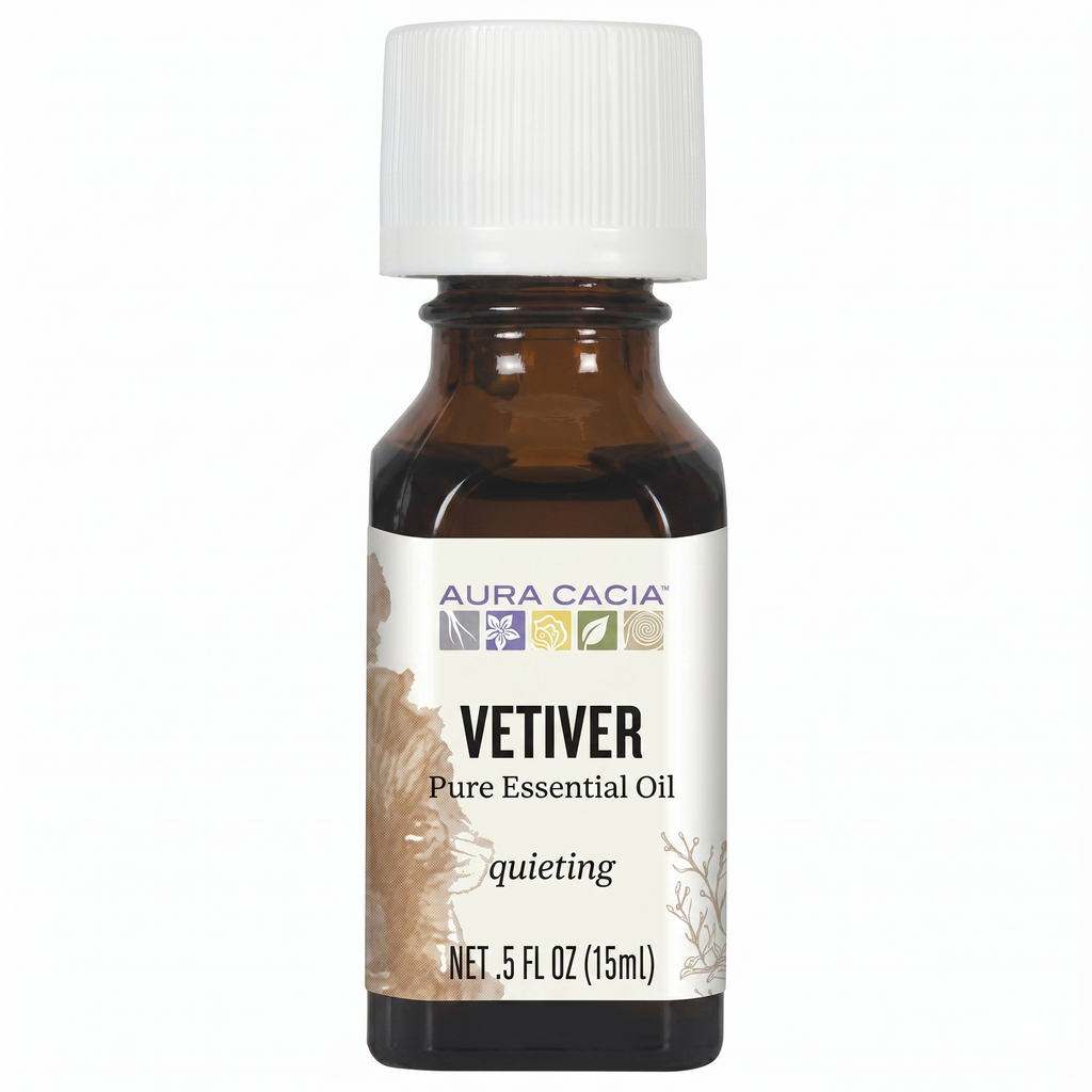 Aura Cacia Vetiver pure essential oil bottle on a white background