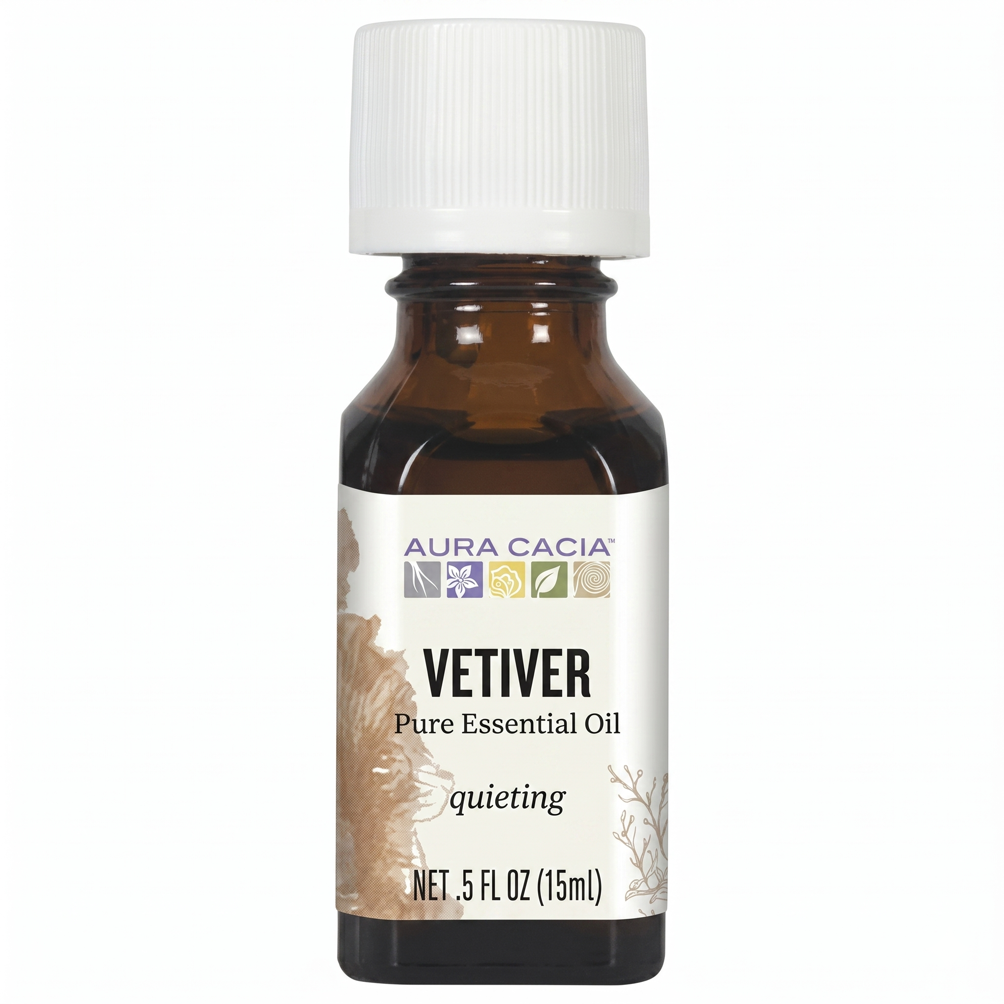 Aura Cacia Vetiver pure essential oil bottle on a white background