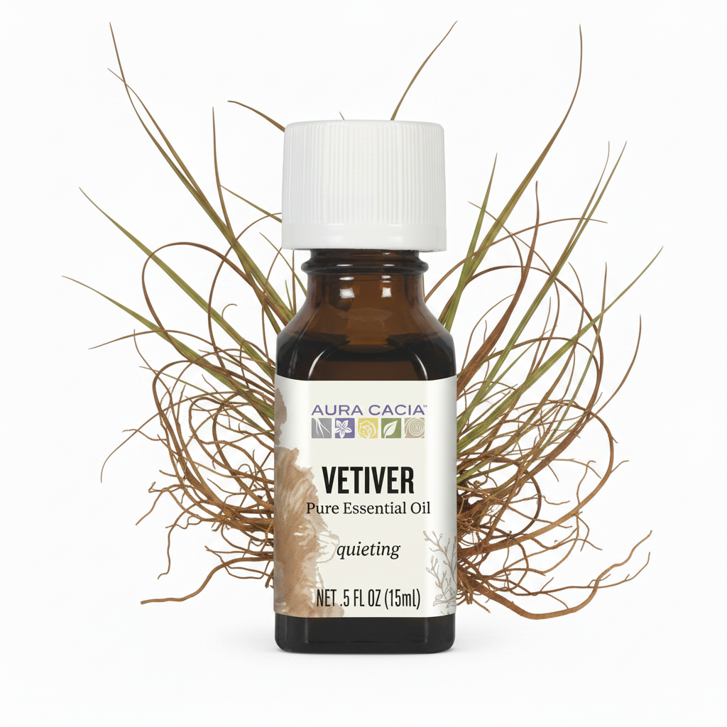 Aura Cacia Vetiver pure essential oil bottle with vetiver sprigs behind bottle