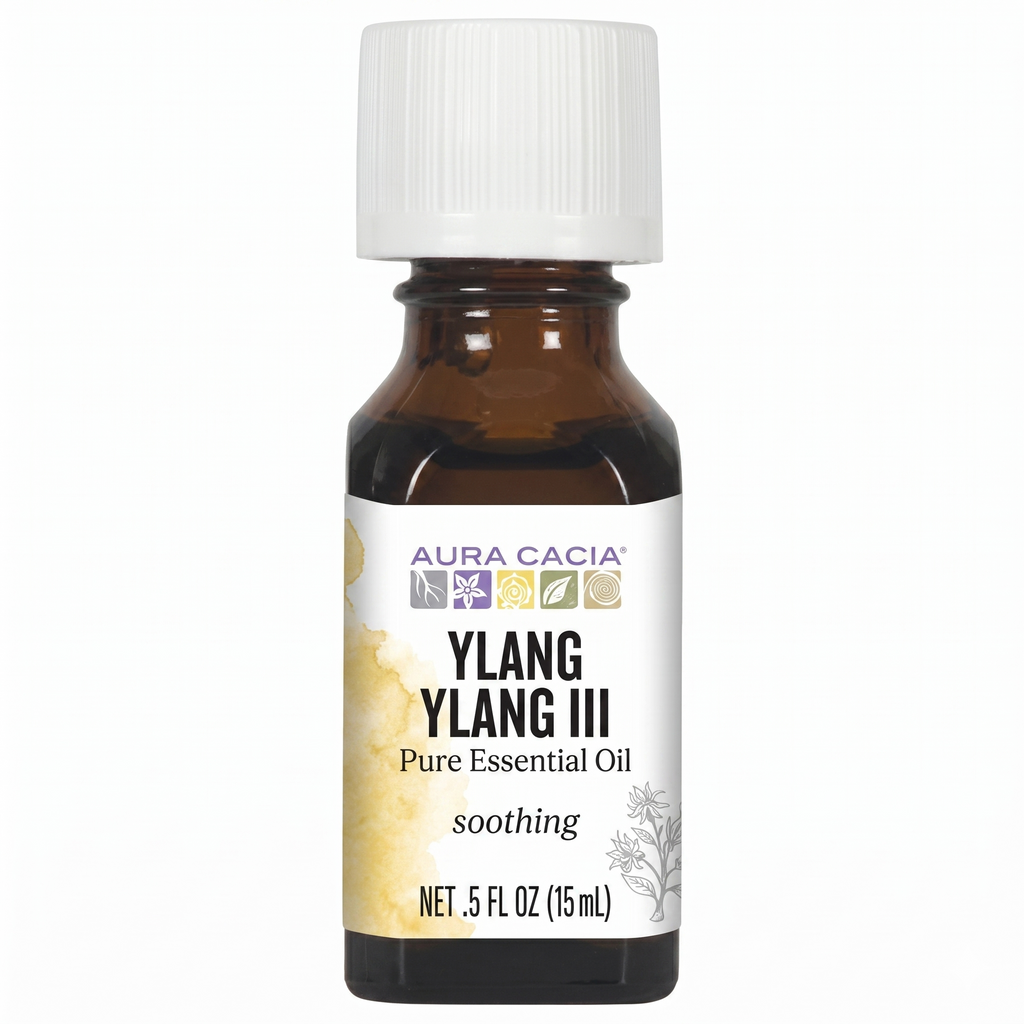 Aura Cacia Ylang Ylang essential oil on white background