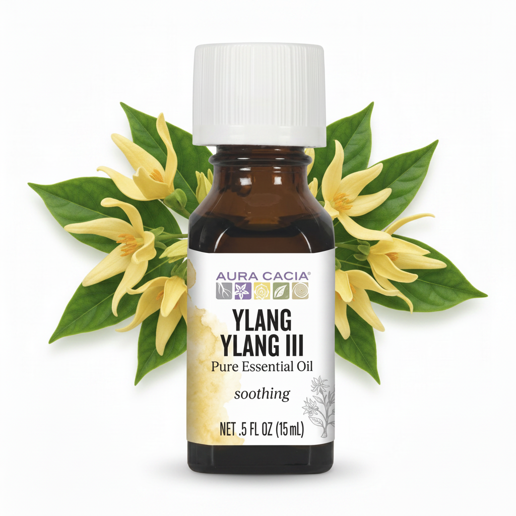 Aura Cacia Ylang Ylang essential oil with ylang ylang flower behind bottle