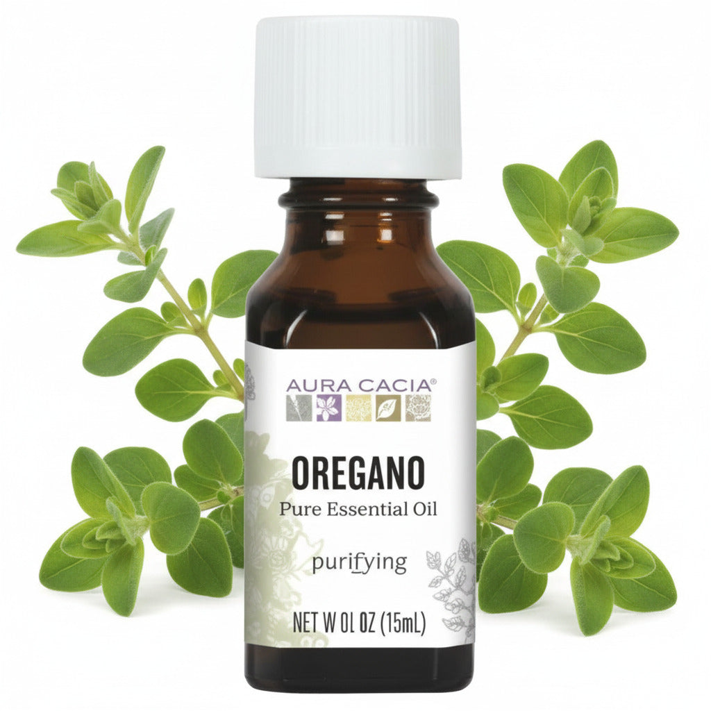 Aura Cacia Oregano essential oil bottle on white background