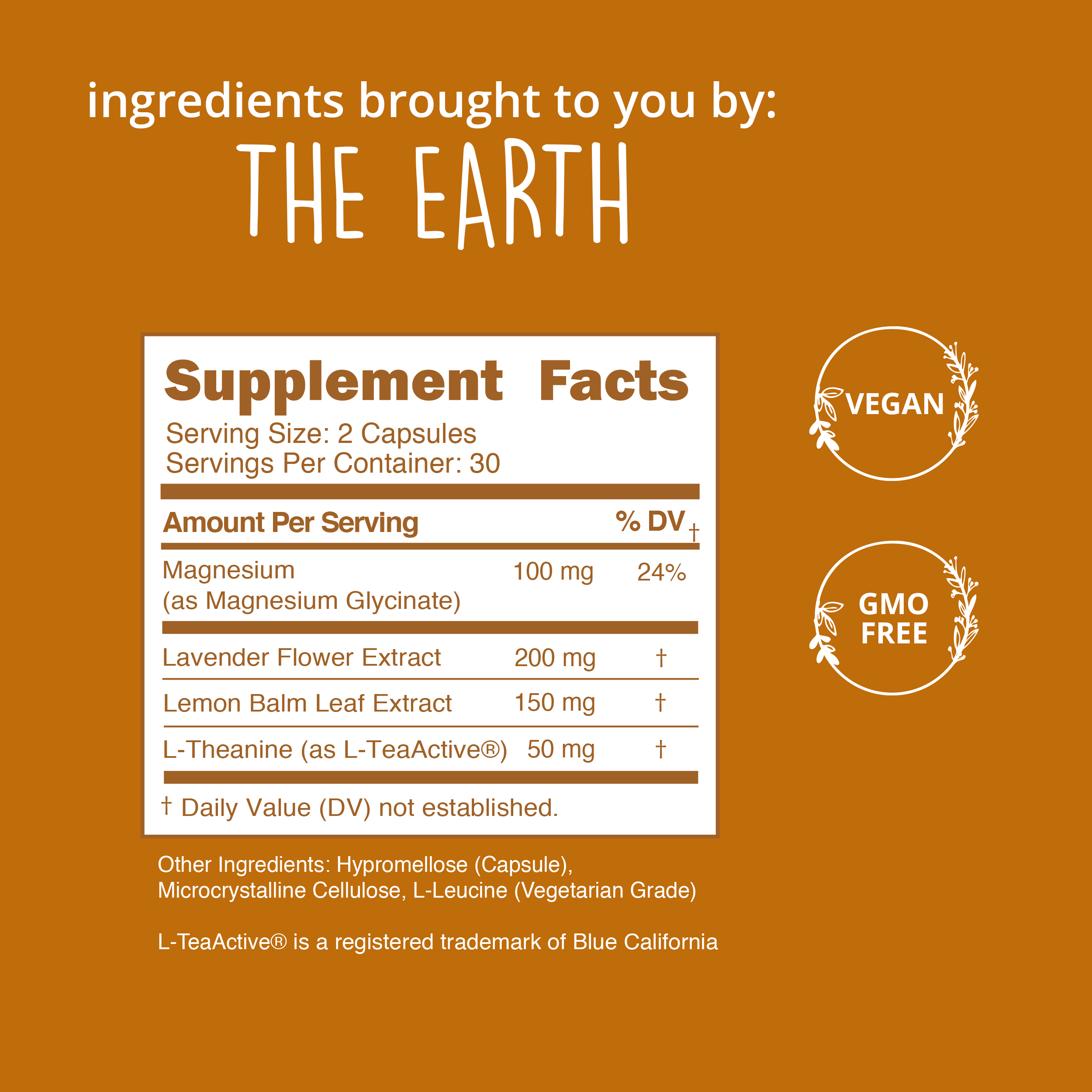 Supplement facts label with 'The Earth' branding on an orange background
