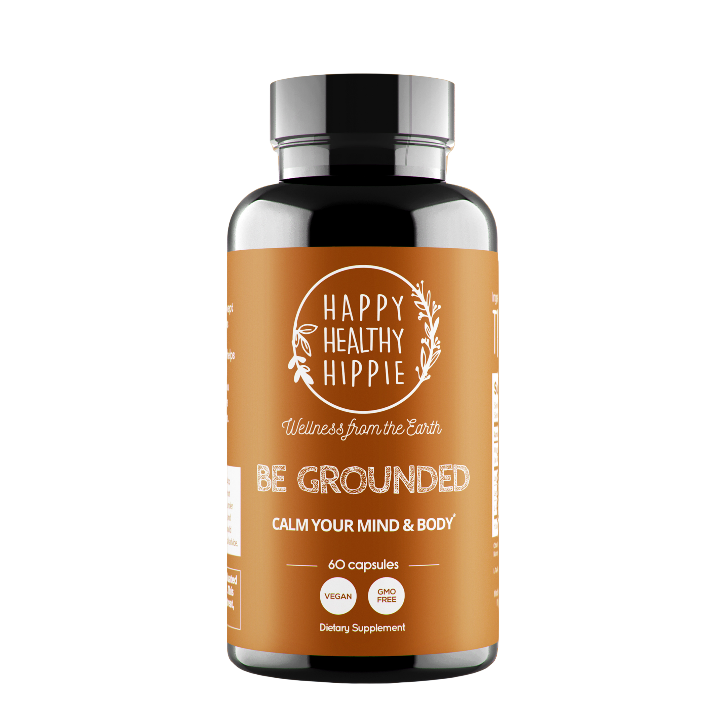 Supplement bottle labeled 'Happy Healthy Hippie' on an orange background
