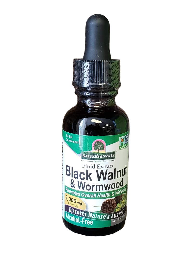 Bottle of Nature's Answer Black Walnut & Wormwood extract on a white background