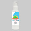 White spray bottle with a colorful label featuring palm trees on a white background