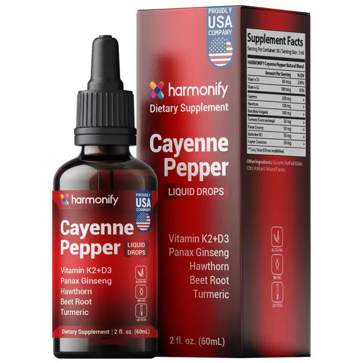 Cayenne Pepper liquid drops with packaging on a white background