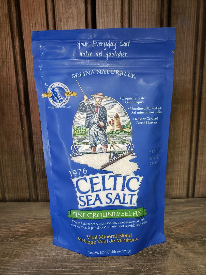 Celtic Sea Salt Fine Ground on a wooden shelf