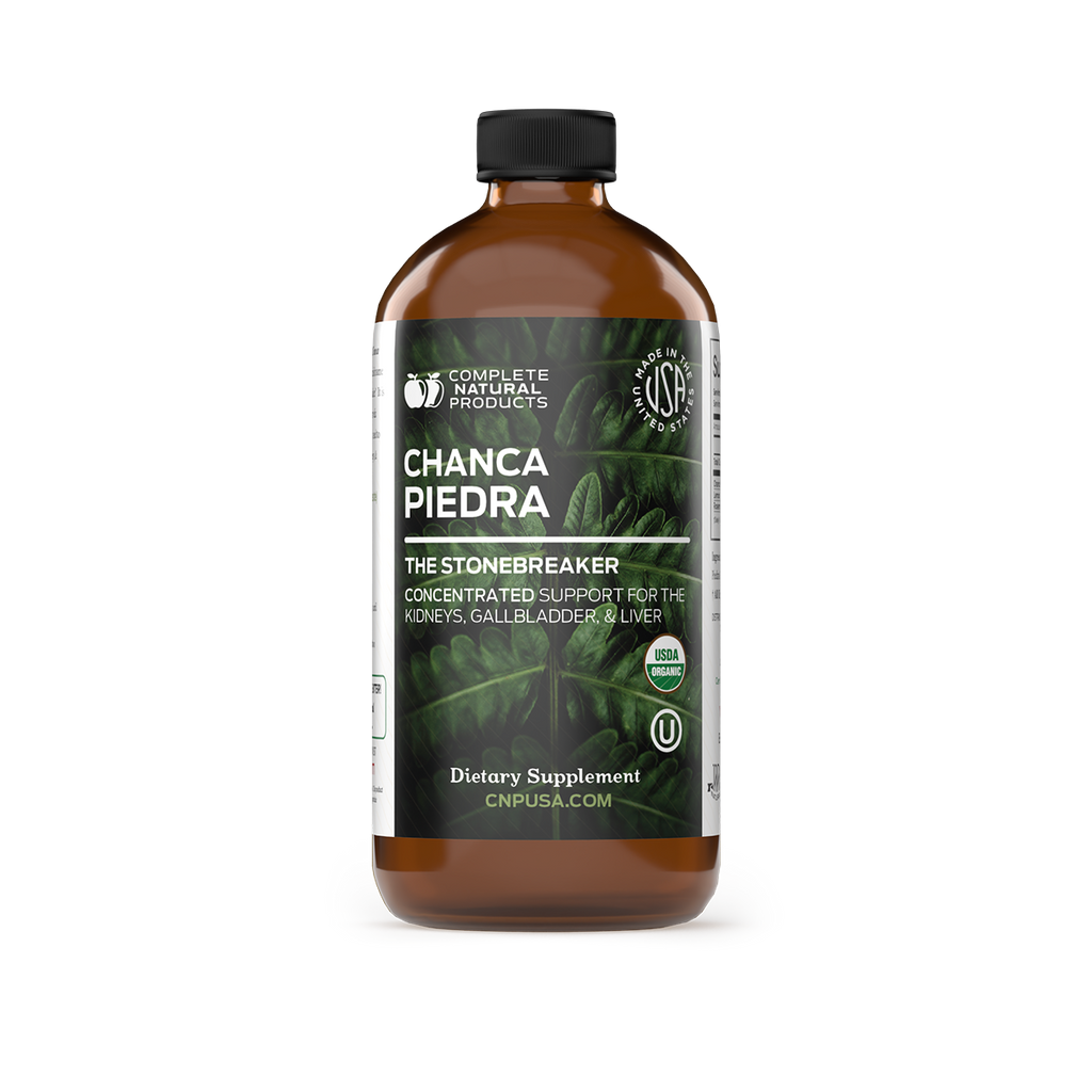 Brown bottle of Chanca Piedra dietary supplement with label on a white background