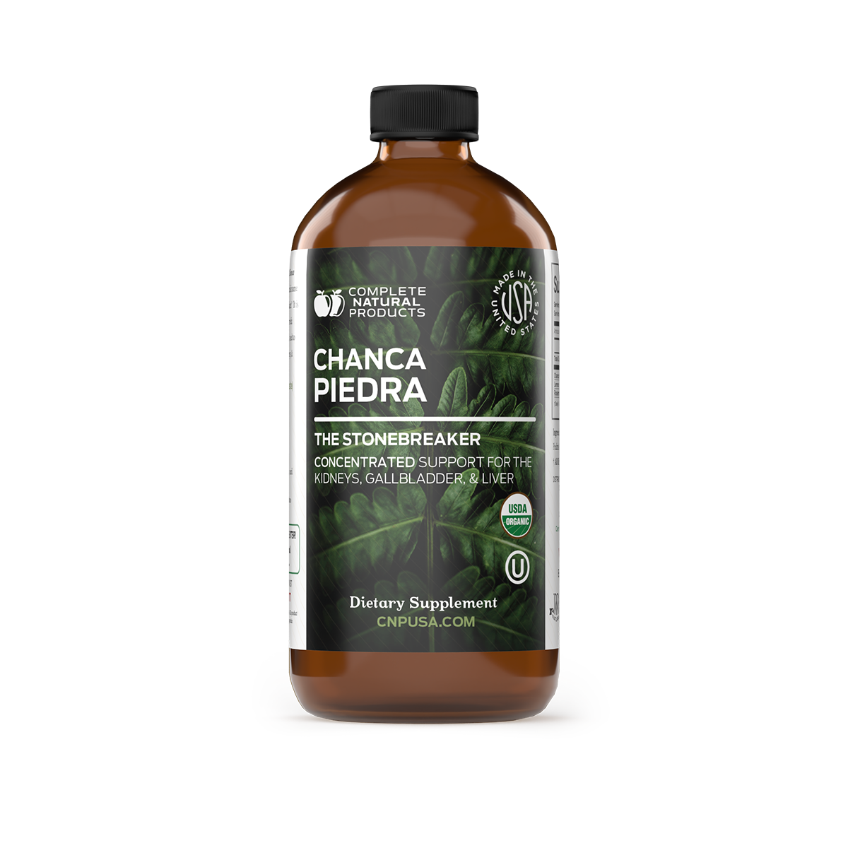 Brown bottle of Chanca Piedra dietary supplement with label on a white background