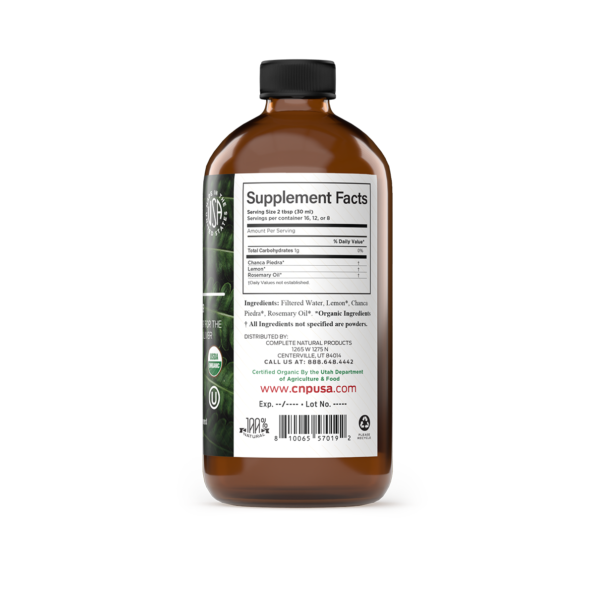 Brown supplement bottle with label on a white background