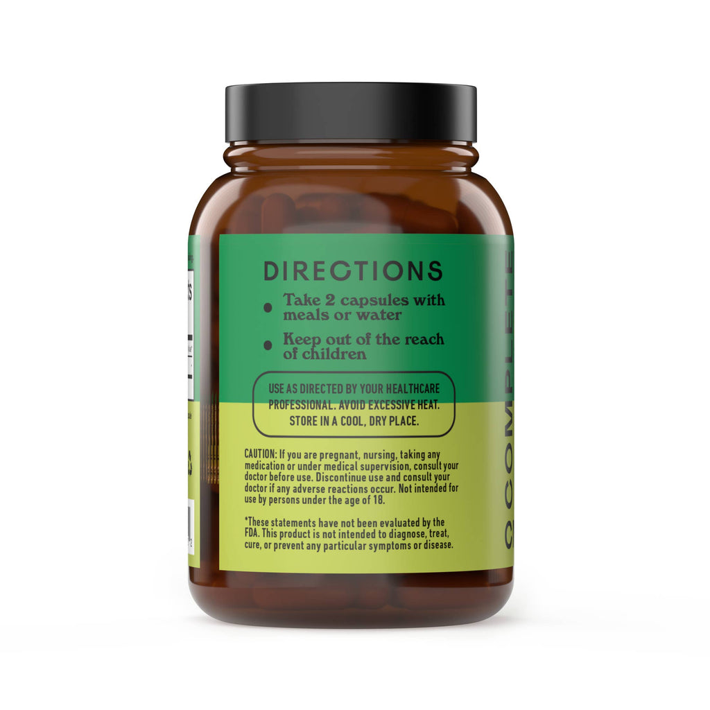 Brown complete natural products green papaya supplement bottle with green label on a white background