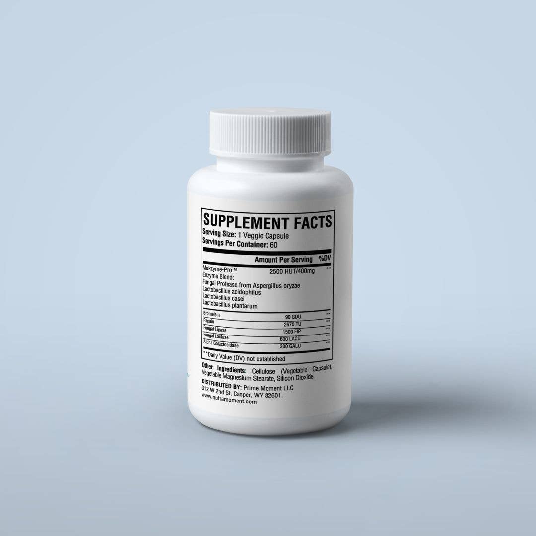 White supplement bottle with label on a light gray background