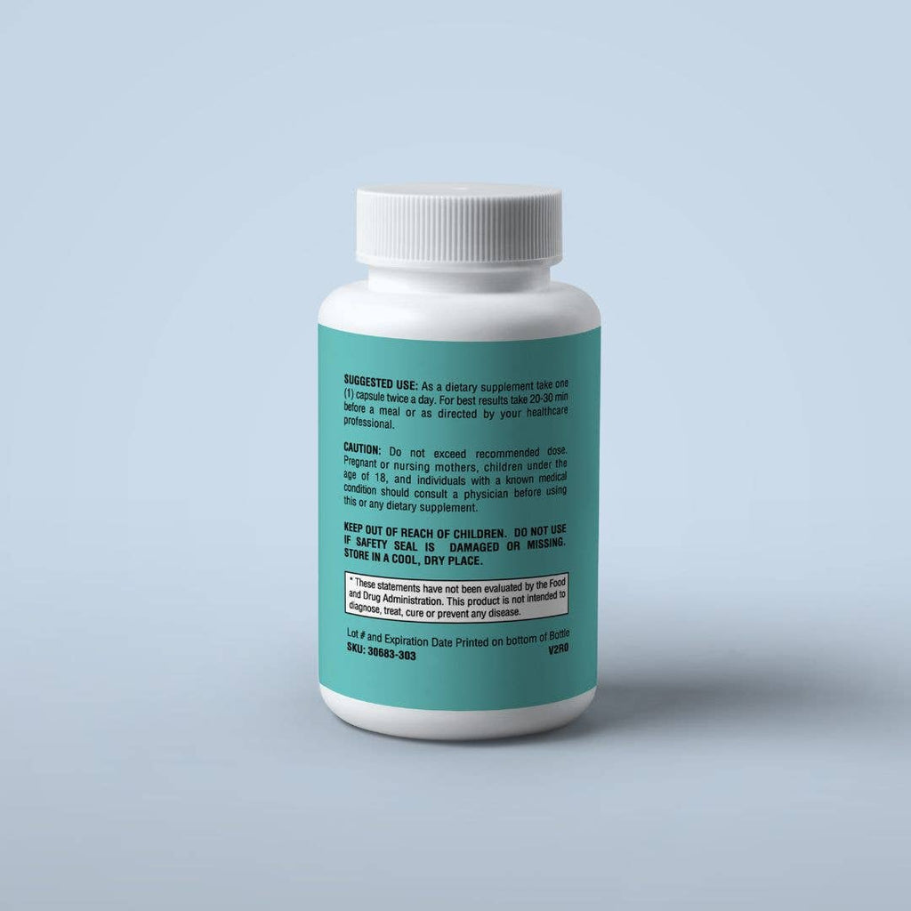 White supplement bottle with a green label on a light gray background