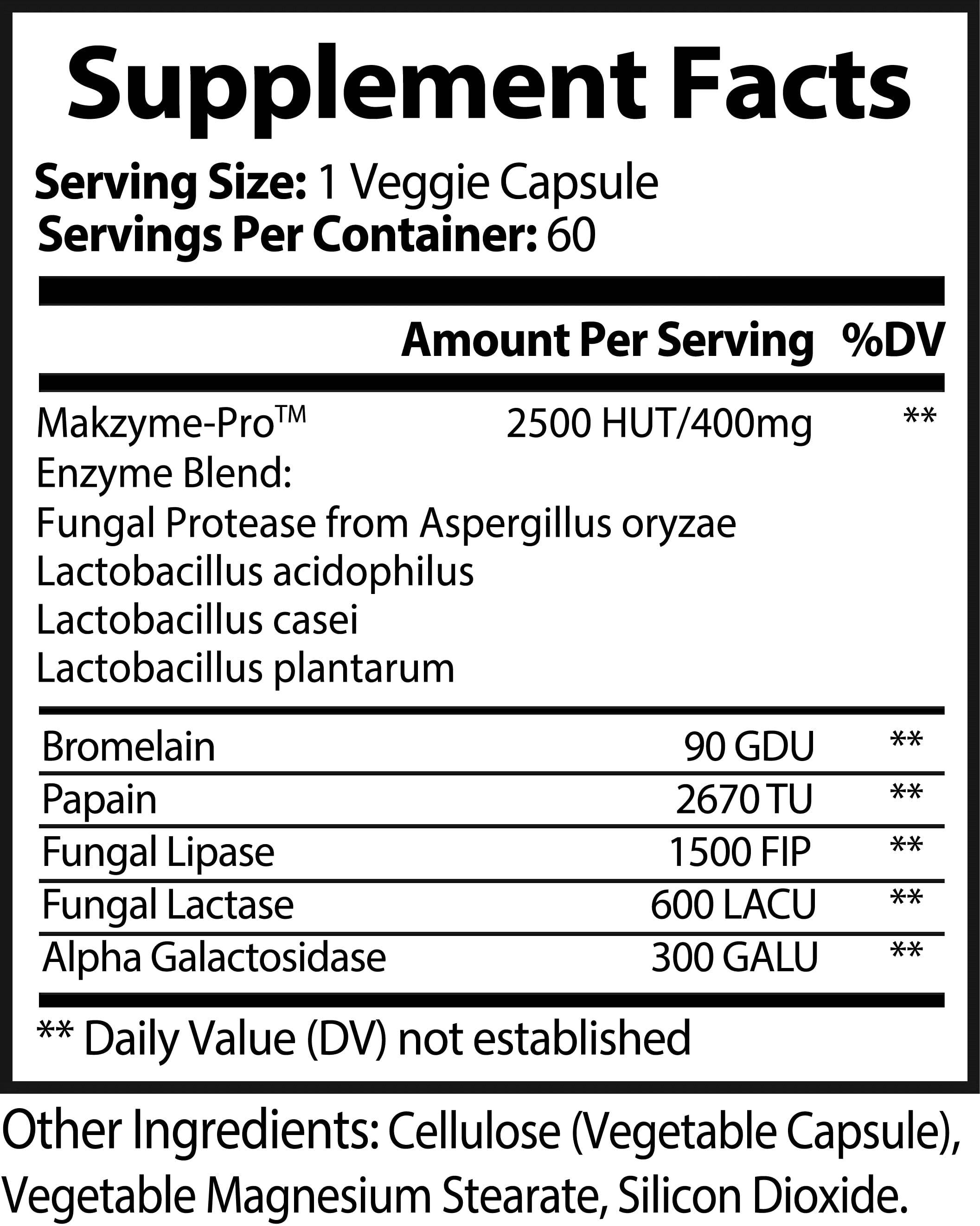 Supplement facts label for a dietary supplement with various enzymes and their amounts per serving.