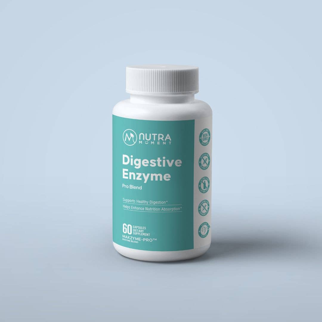 Nutra Digestive Enzyme supplement bottle on a light gray background