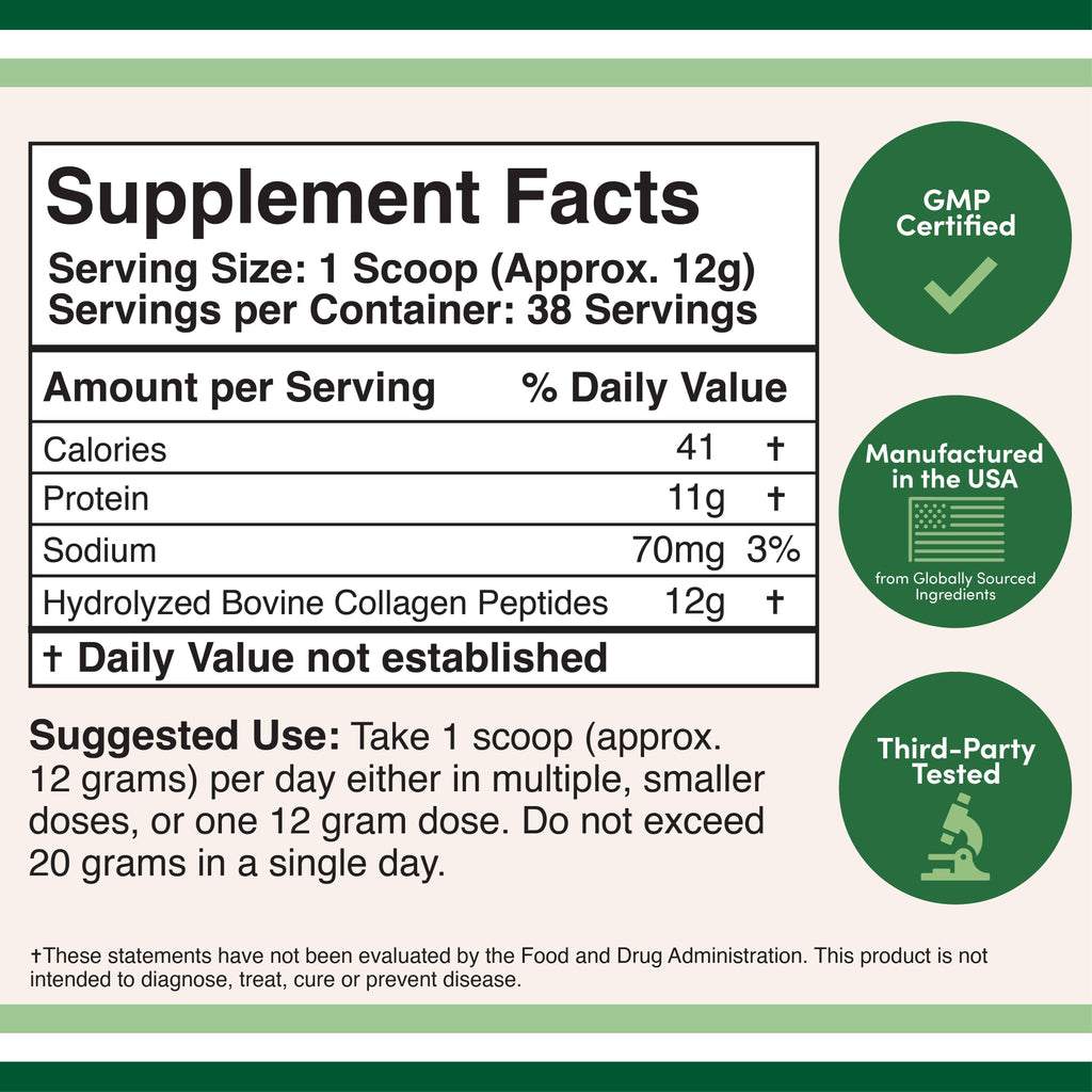 A supplement facts label with a supplement powder container implied by the text. The label shows serving size of 1 scoop (approx.