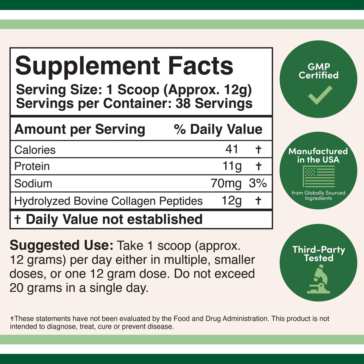 A supplement facts label with a supplement powder container implied by the text. The label shows serving size of 1 scoop (approx.
