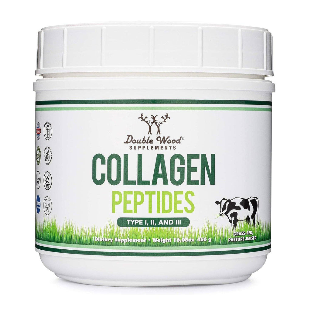A white plastic tub of Double Wood Supplements Collagen Peptides, featuring a white label with green and yellow text, a grass graphic, and a cow illustration.