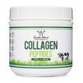A white plastic tub of Double Wood Supplements Collagen Peptides, featuring a white label with green and yellow text, a grass graphic, and a cow illustration.