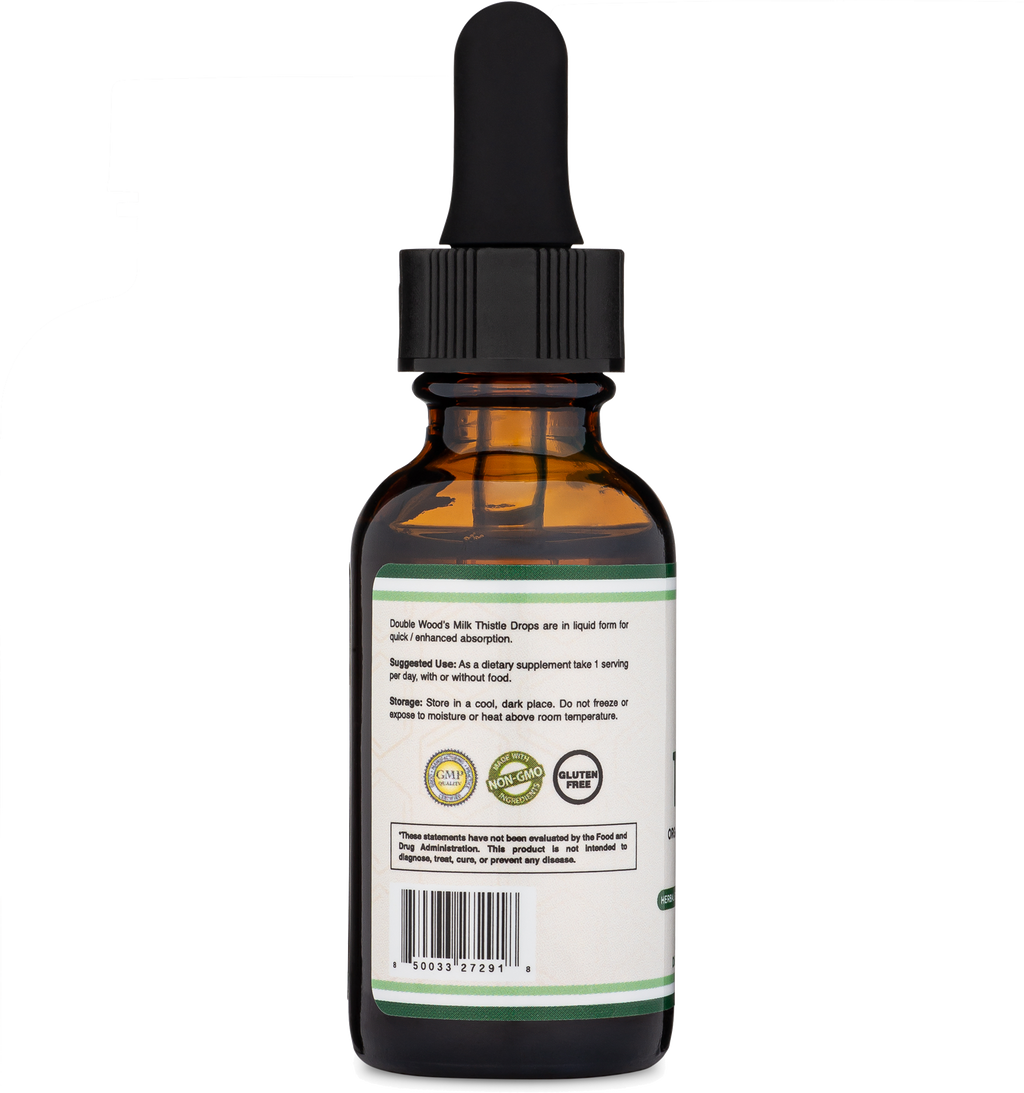 Bottle of Double Wood's Milk Thistle Drops with dropper on a white background