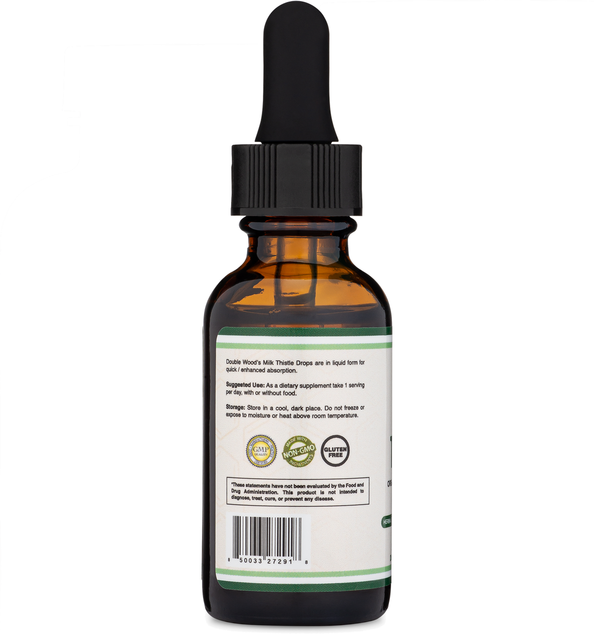 Bottle of Double Wood's Milk Thistle Drops with dropper on a white background