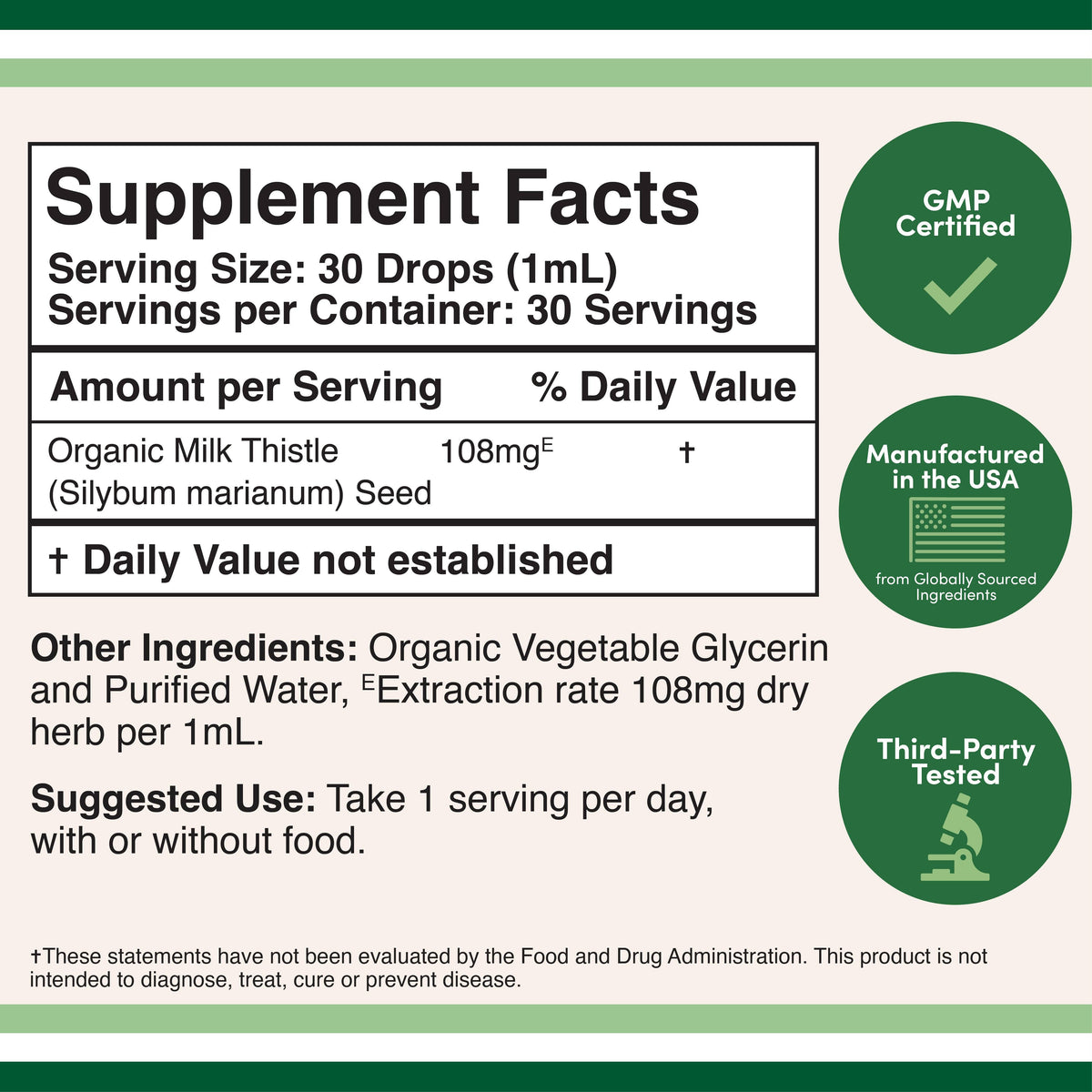 Supplement facts label with green certification logos on a beige background