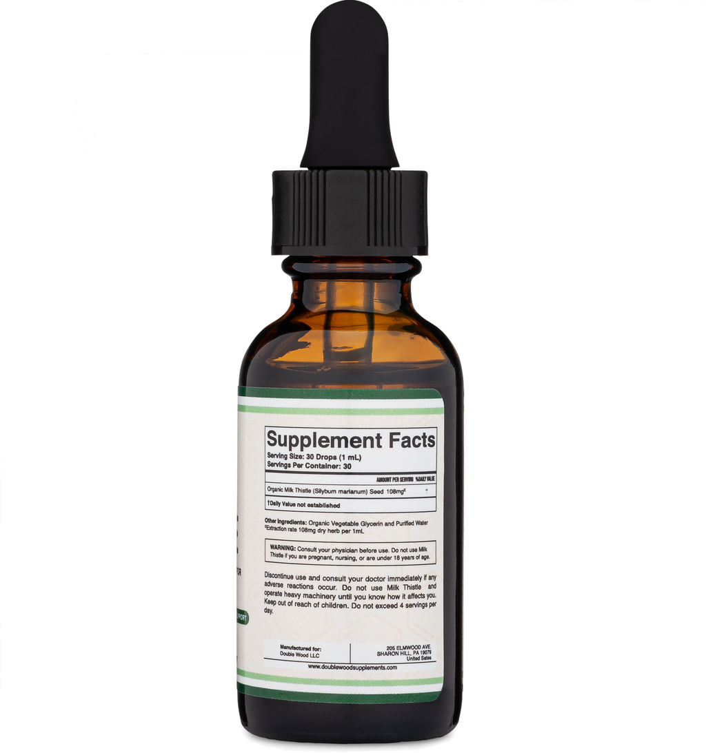 Bottle of supplement with dropper on a white background