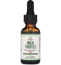 Milk thistle dietary supplement bottle with dropper on a white background