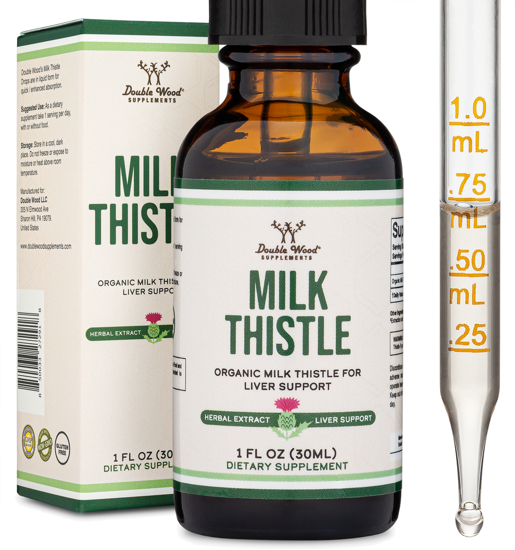 Bottle of Double Wood Supplements Milk Thistle with dropper and packaging on a white background
