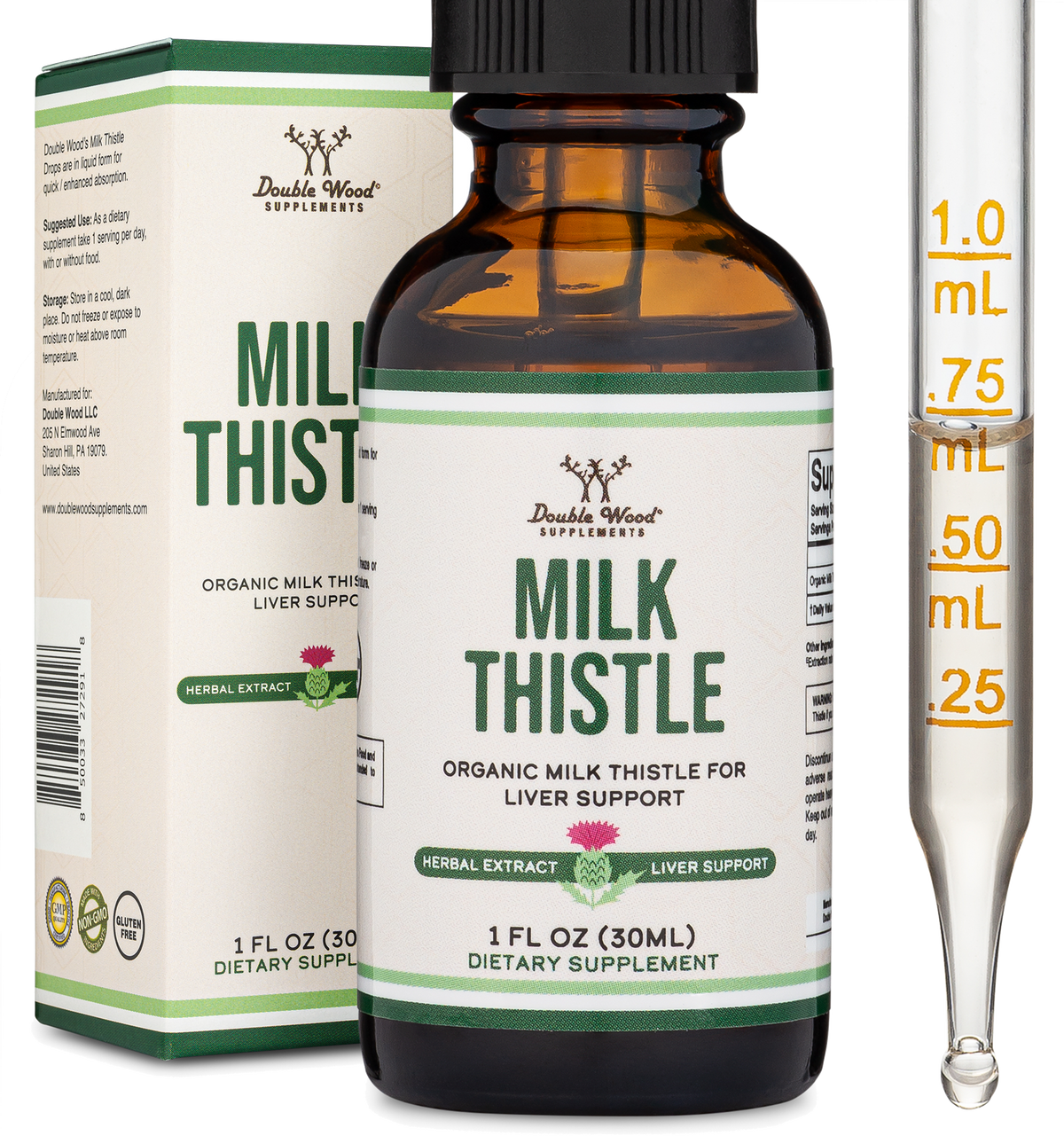 Bottle of Double Wood Supplements Milk Thistle with dropper and packaging on a white background