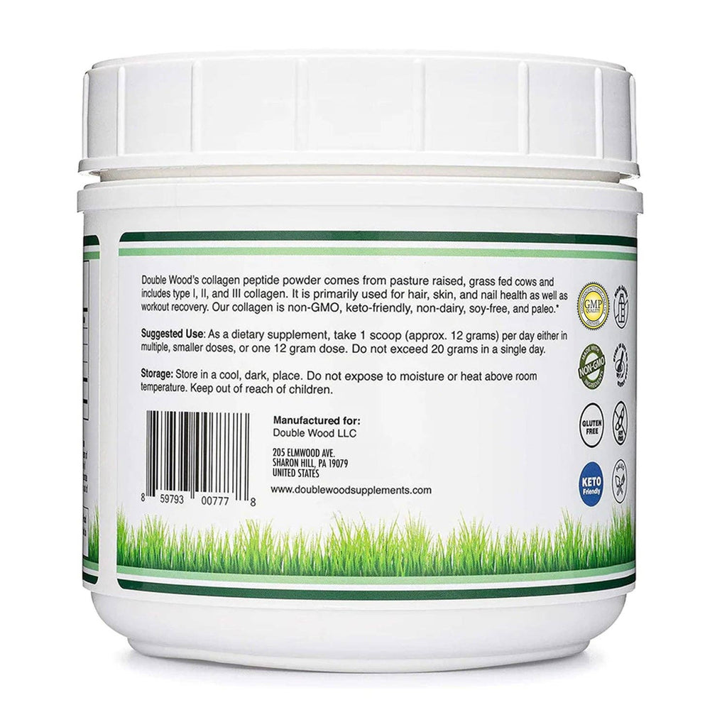 Double Wood's Collagen supplement powder in a white plastic tub with a white lid, showing the back label with text, a barcode, and various certification logos.