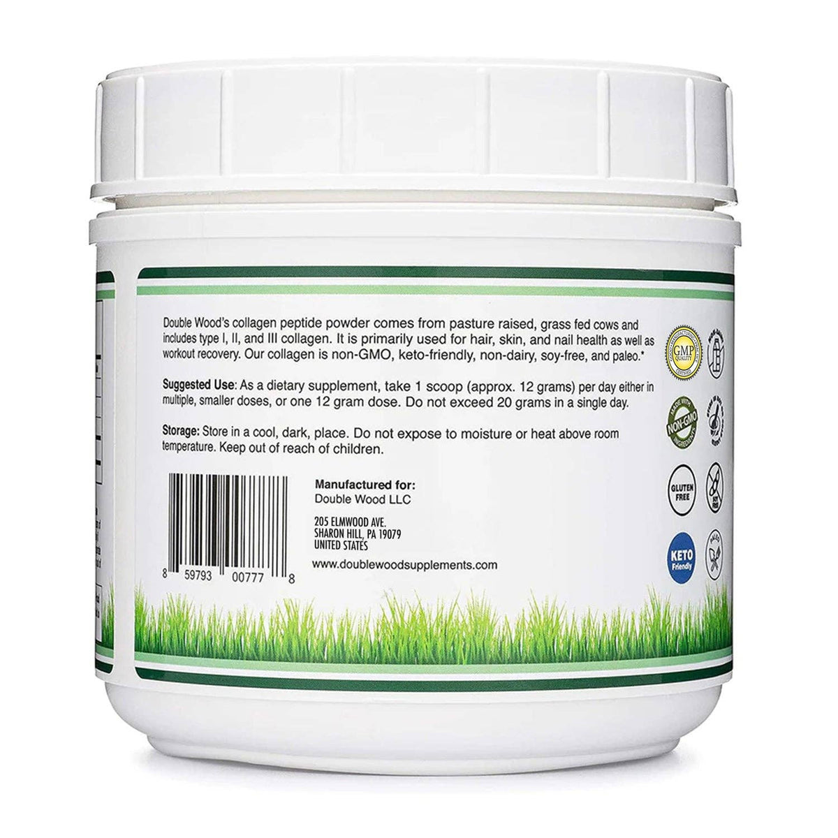 Double Wood's Collagen supplement powder in a white plastic tub with a white lid, showing the back label with text, a barcode, and various certification logos.
