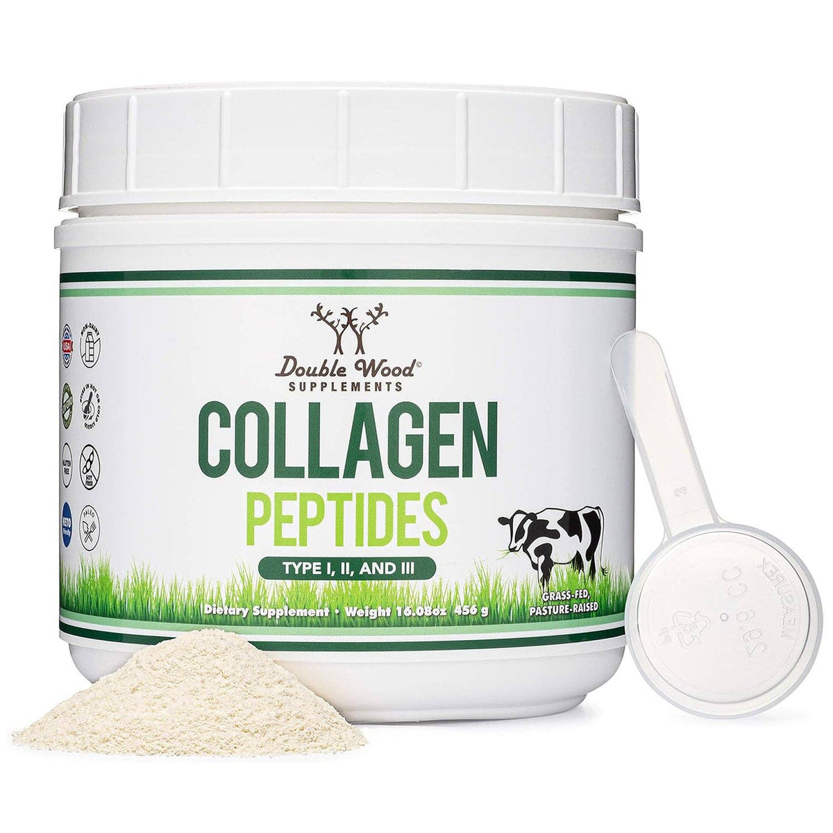 Container of Double Wood Supplements Collagen Peptides with a scoop on a white background