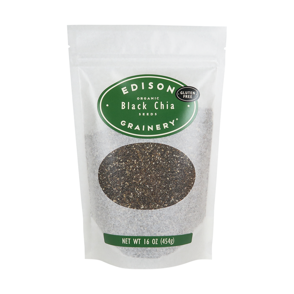 Bag of Edison Organic Black Chia Seeds on a white background