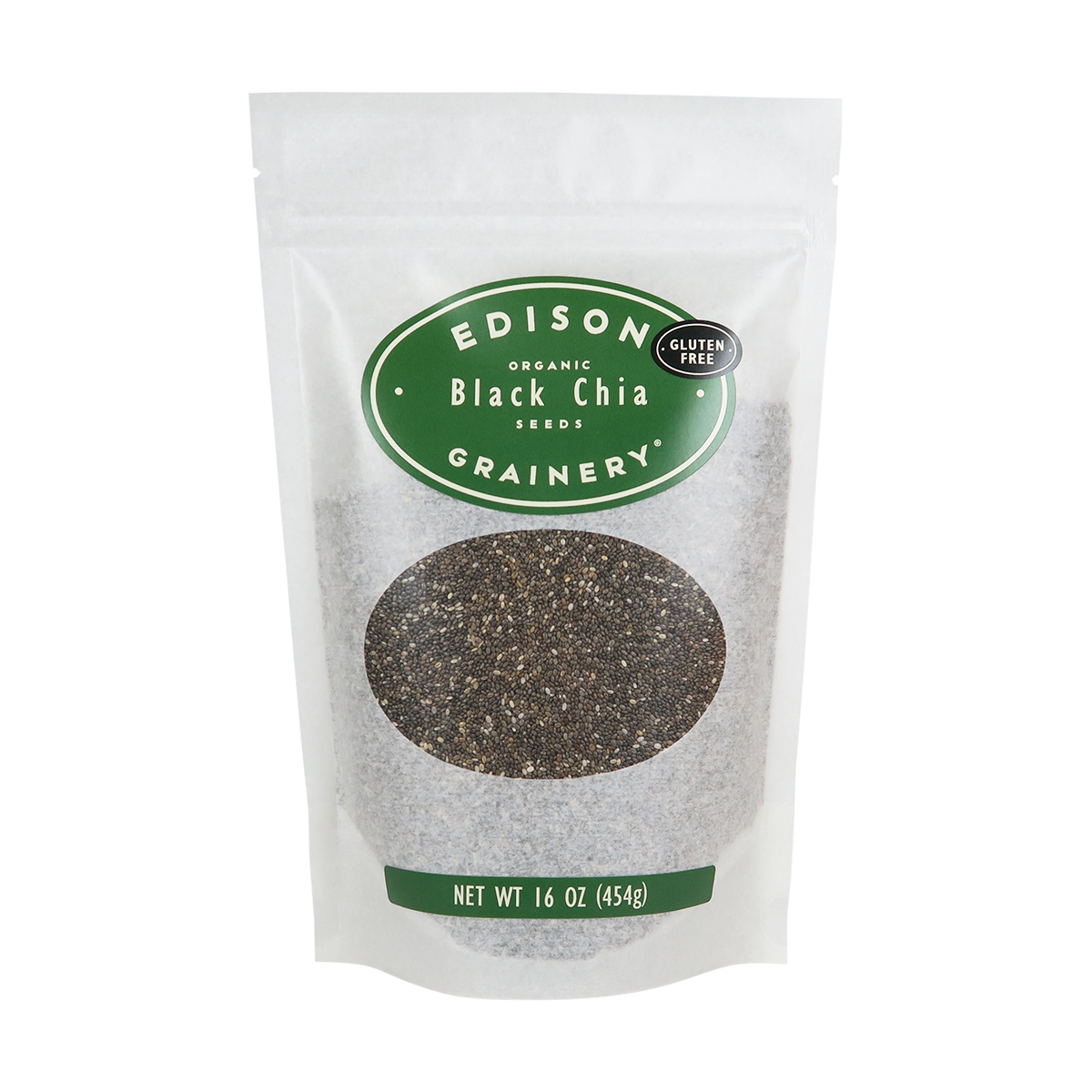 Bag of Edison Organic Black Chia Seeds on a white background