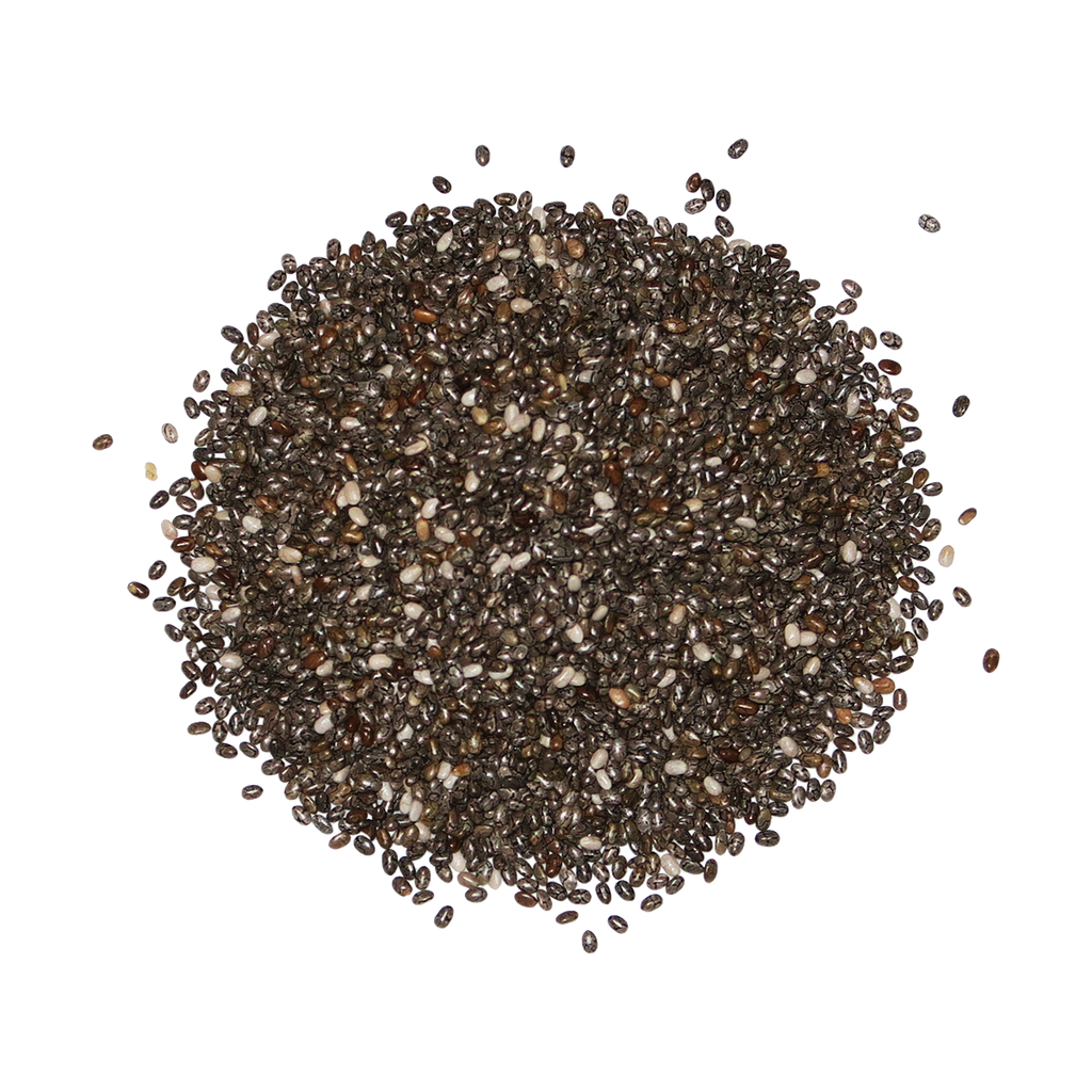 Pile of chia seeds on a white background