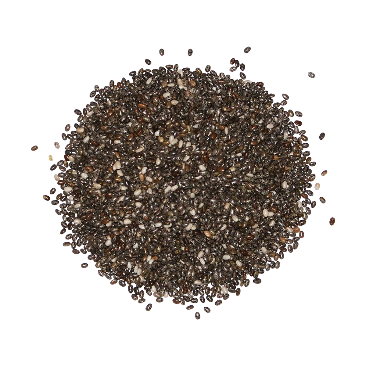 Pile of chia seeds on a white background